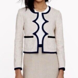 NWT J.Crew Scalloped Linen Jacket Beige Navy Trim Size 0